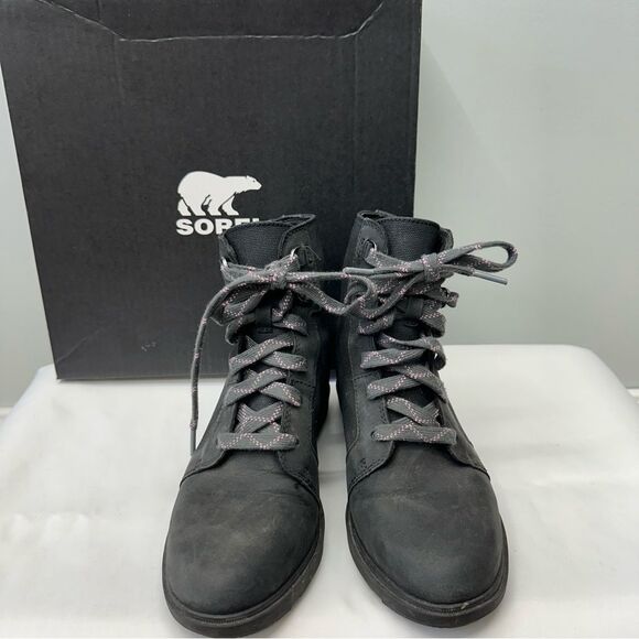 Sorel Evie II black lace up booties boots women's 8.5 leather and canvas - Picture 2 of 7